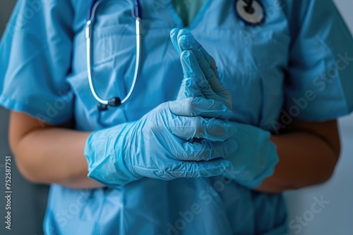 A healthcare professional in scrubs and gloves carefully examines a finger