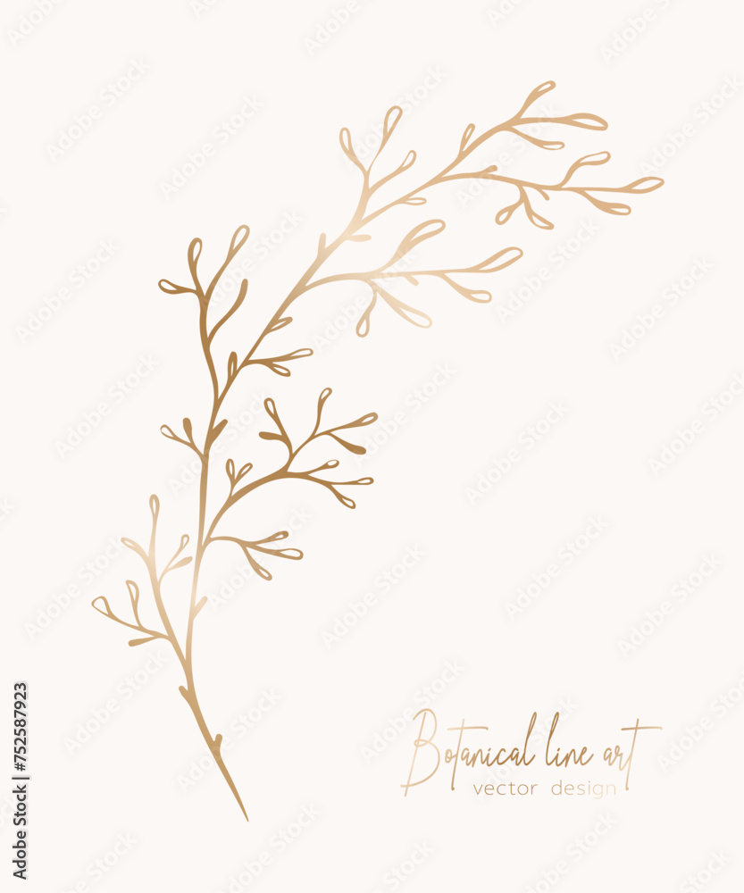 Botanical elegant golden line illustration of a leaves branch for wedding invitation and cards, logo design, web, social media and poster, template, advertisement, beauty and cosmetic industry.