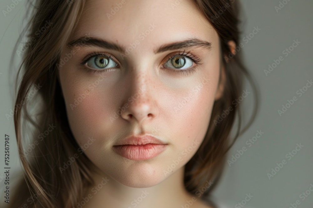 A young woman with striking blue eyes and flowing long hair captivates with her enchanting gaze