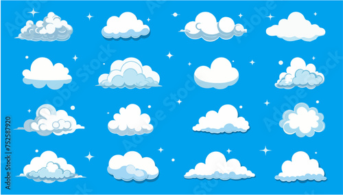 Set of clouds vector illustration. cloud, Abstract white cloudy set isolated on blue background. Cloudscape in flat style