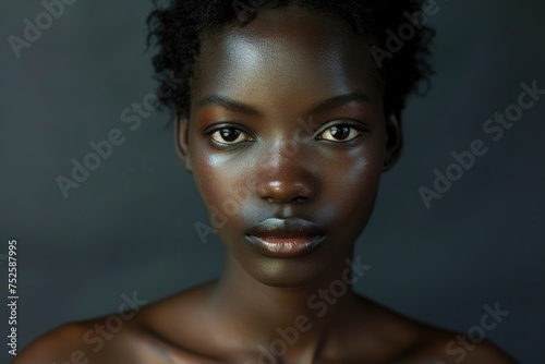 A young African woman with a striking and soulful expression wears a fake nose, embracing her alter ego with confidence and grace photo
