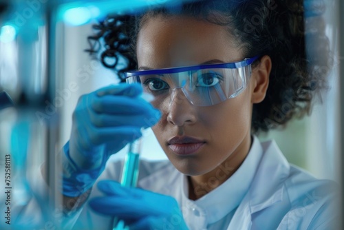 A woman in a lab coat and goggles examines the standard scale intently, immersed in her scientific exploration