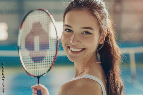 A young woman poised and ready to play tennis on the court, holding a tennis racquet © Konstiantyn Zapylaie