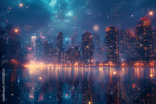 A nighttime cityscape aglow with twinkling lights  their reflections dancing on the water. Generative Ai.