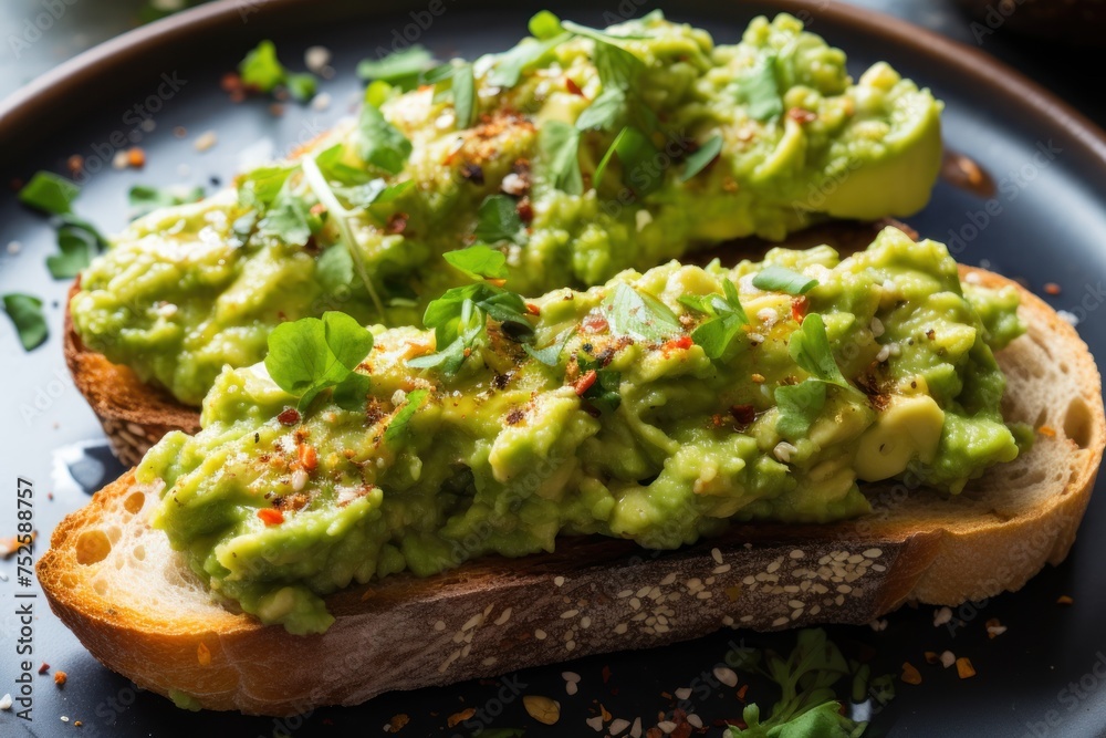 Avocado toast with cilantro, olive oil and parsley. Avocado Toast. Healthy food concept with copy space. Vegan Food Concept with copy space.