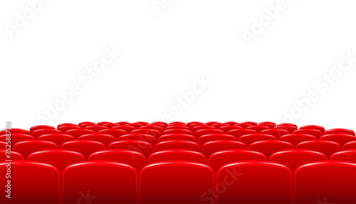 Rows of red cinema or theater seats in front of transparent background. Vector.