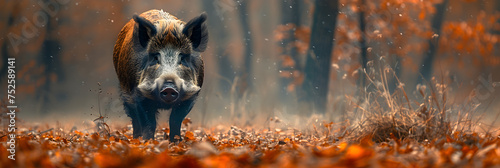  Portrait of a Wild Boar in the Foggy Forest , A close up of a pigs face with a pink nose 