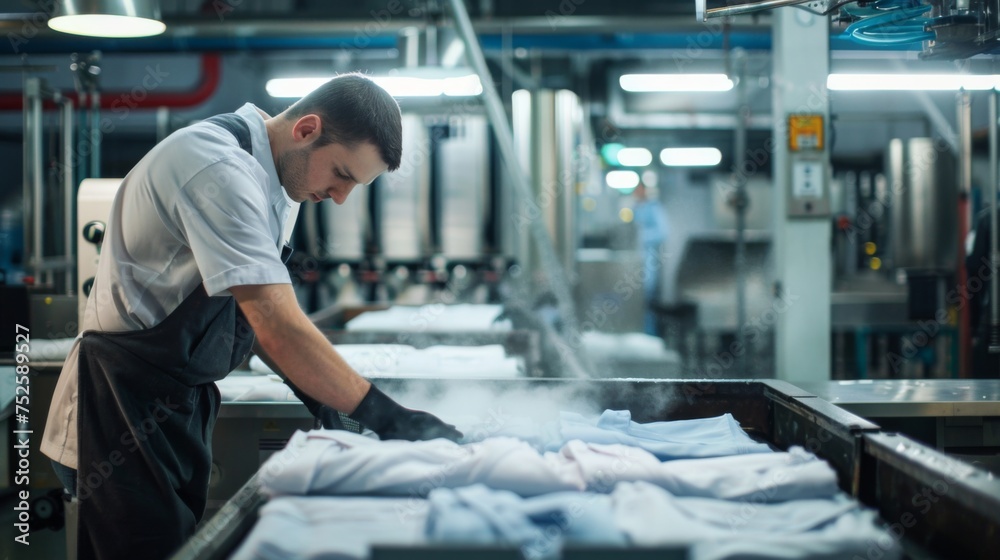 A diligent male employee is focused on pressing clothes with an industrial-sized garment press in a textile factory, steam filling the workspace. A diligent male employee is focused on pressing clothes with an industrial-sized garment press in a textile factory, steam filling the workspace.