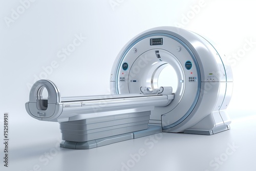Magnetic resonance machine isolated on white background. MRI with no humans. Device for disease detection, diagnosis, and treatment monitoring.