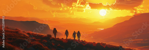 group of friends hiking in mountains at sunset, in the style of human-canvas integration