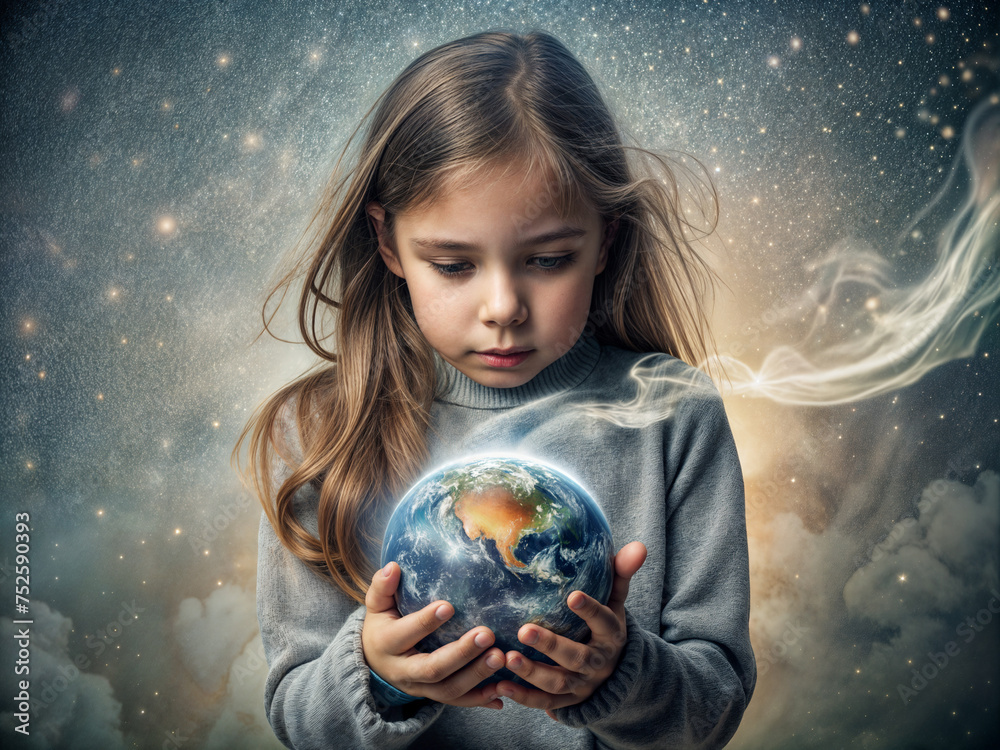 Naklejka premium Girl holding the earth in her hands.