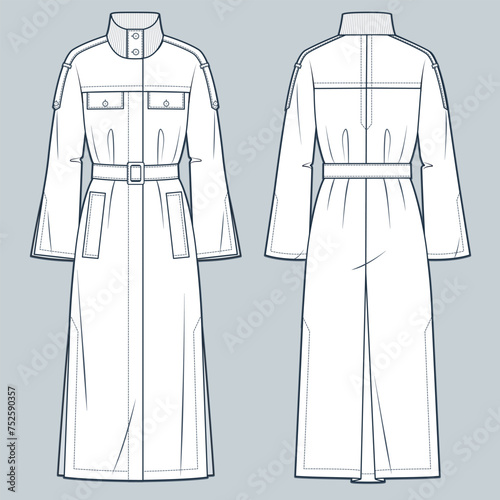 Trench Coat technical fashion Illustration. Leather Coat fashion flat technical drawing template, flared raglan sleeve, pockets, front and back view, white, women, men, unisex CAD mockup.