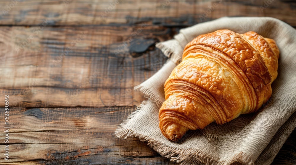 French croissant on a napkin on wooden table banner with copy space French croissant on a napkin on wooden table banner with copy space