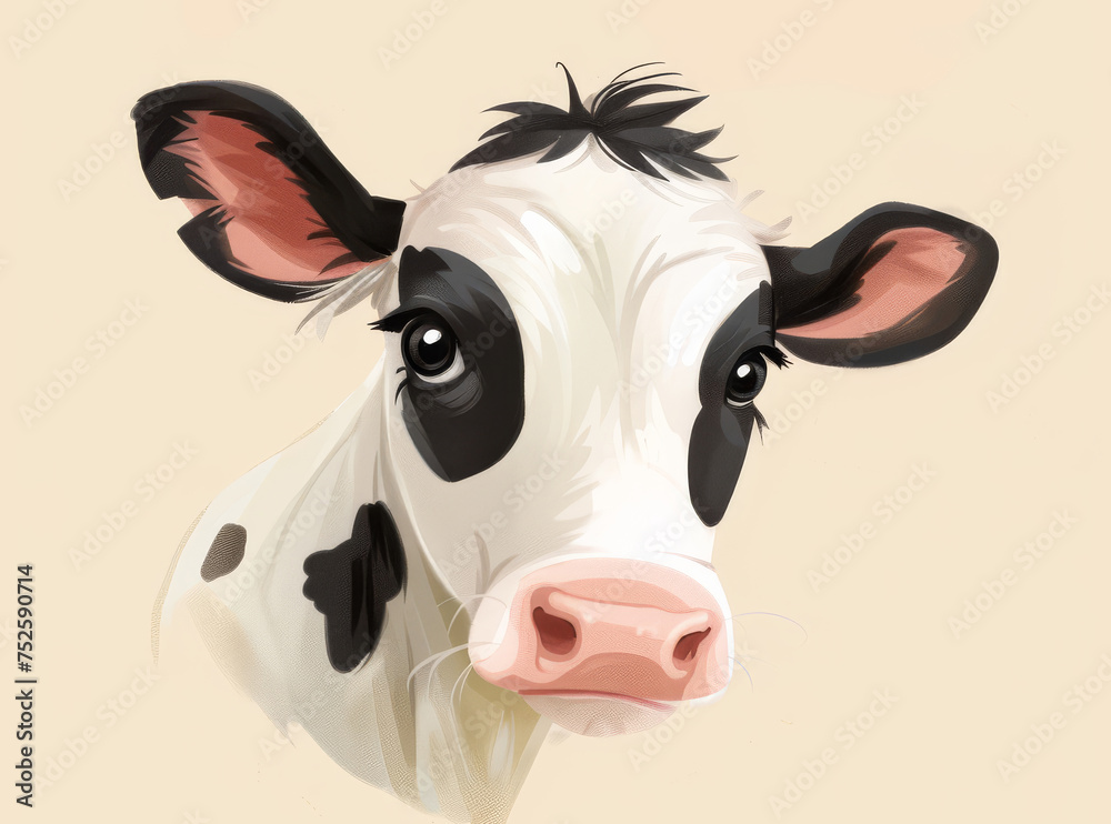 A playful cartoon cow head with black and white spots and horns, looking straight ahead A playful cartoon cow head with black and white spots and horns, looking straight ahead