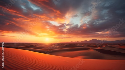 Dramatic sunset over the sand dunes in the Sahara desert