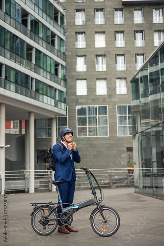 vertical portrait Urban Commute: Businessman Preparing for Sustainable Journey