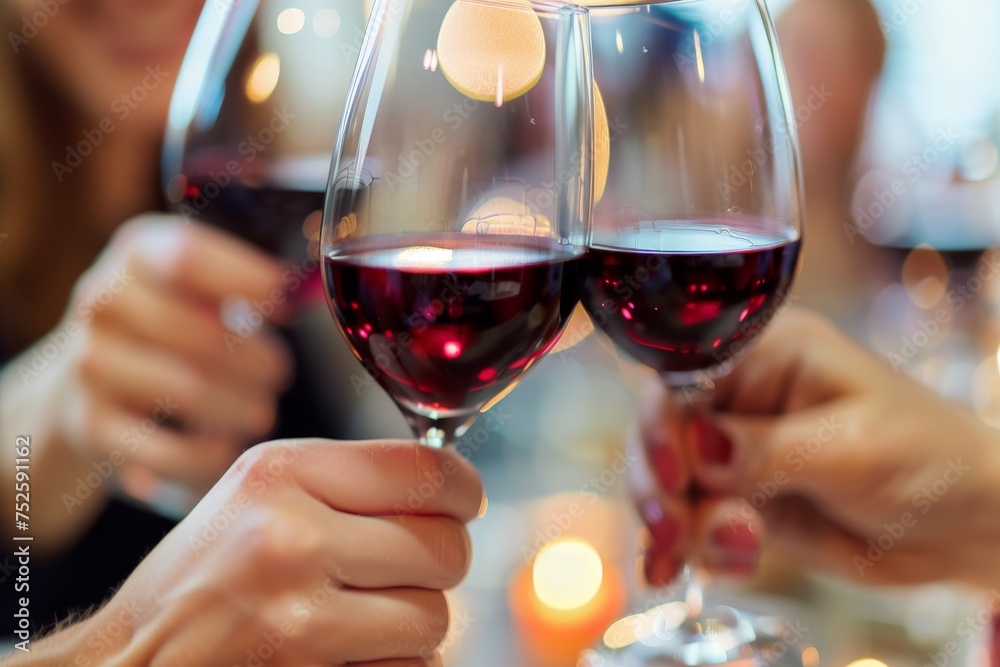 close up of red wine glasses, friends toasting, cheers, happy hour 