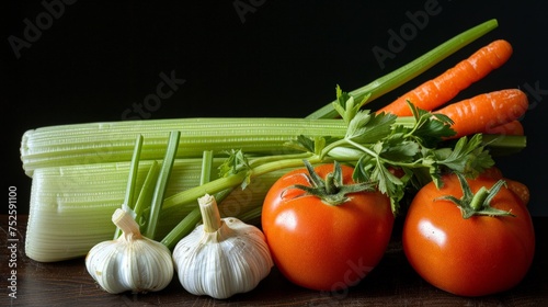 Celery, Onion, Carrots, garlic and Tomato, dark background