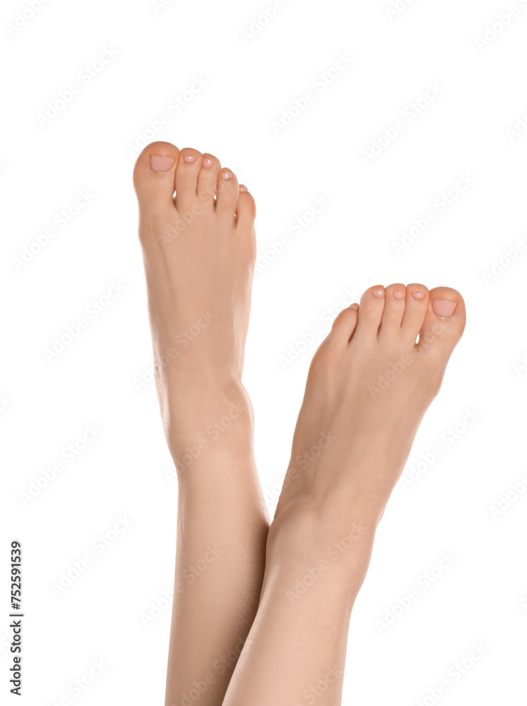 Woman with neat toenails after pedicure procedure isolated on white, closeup Woman with neat toenails after pedicure procedure isolated on white, closeup