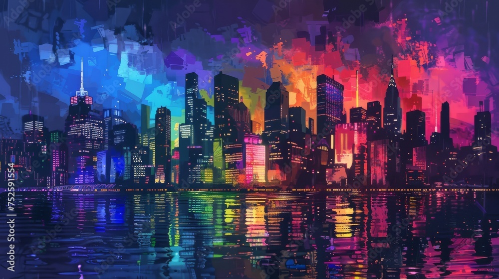 Abstract city skyline painting with bold water reflections. Colorful urban landscape reflected on water's surface. Vibrant city silhouette with abstract water reflections.