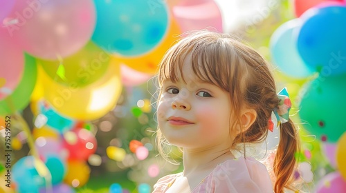 Joyful young girl with bow clip celebrating with multicolored balloons. Smiling child in a festive outdoor balloon setting. Little girl's happiness at a colorful outdoor party