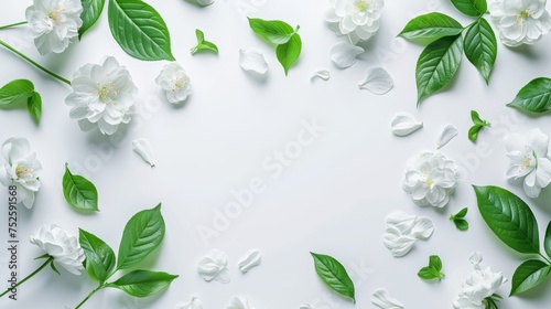 Elegant white flowers and green leaves arrangement on white. Fresh blooming botanical composition for serene decor. Delicate floral flat lay for springtime freshness and purity.