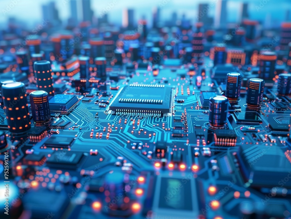 Close-up of blue printed circuit board with glowing red lights. Electronic components on circuit board in technology concept image. Detailed electronics background with circuit board and red lights. Close-up of blue printed circuit board with glowing red lights. Electronic components on circuit board in technology concept image. Detailed electronics background with circuit board and red lights.