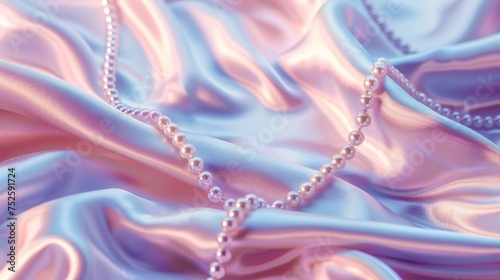 Elegant pearls on satin textile in soft hues. Luxurious pearl necklace against silky pink and blue background. Delicate string of pearls on textured satin material. photo