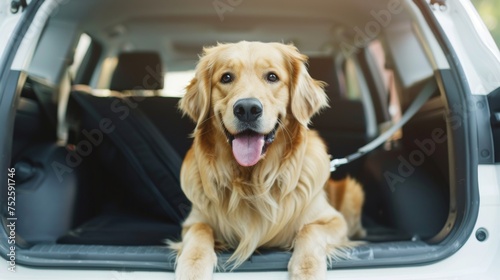 Content golden retriever waiting in car for a trip. Domestic pet golden retriever in vehicle trunk space. Relaxed dog in car ready for travel or vet visit.