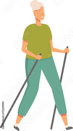 Woman Nordic walking icon cartoon vector. Active travel exercise. Mature person