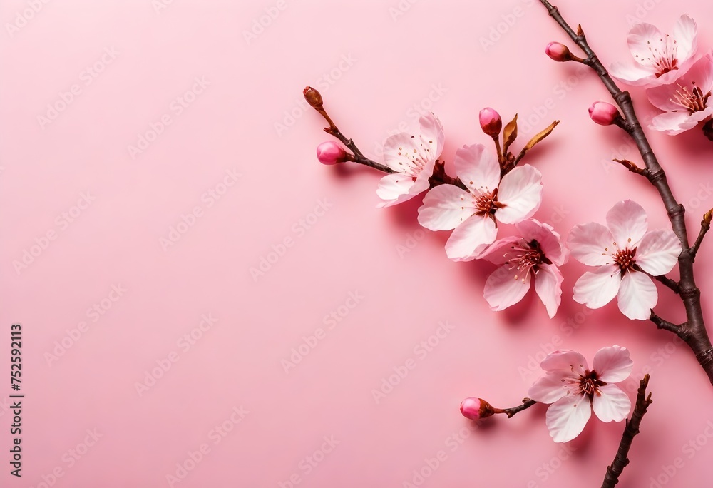 Obraz premium Cherry blossom branch with pink flowers on a plain background