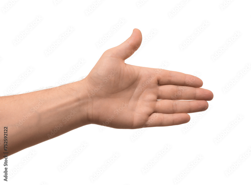 Man offering handshake on white background, closeup Man offering handshake on white background, closeup