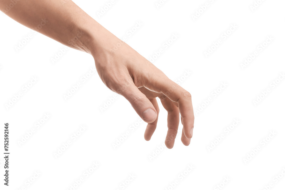 Man holding something in hand on white background, closeup Man holding something in hand on white background, closeup