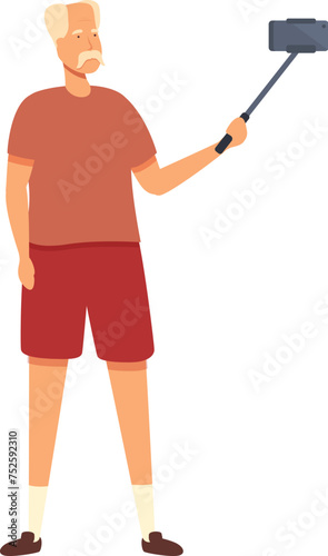 Senior man with selfie stick icon cartoon vector. Summer vacation. Health walking