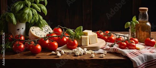 A diverse assortment of food items, including cherry tomatoes, mozzarella cheese, and pasta, are artfully arranged on a rustic wooden table. Different shapes, colors, and textures create an inviting