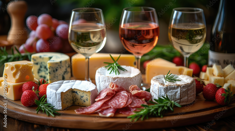 A gourmet cheese board with a variety of cheeses, cured meats, and glasses of white and rosé wine, inviting a taste of luxury.