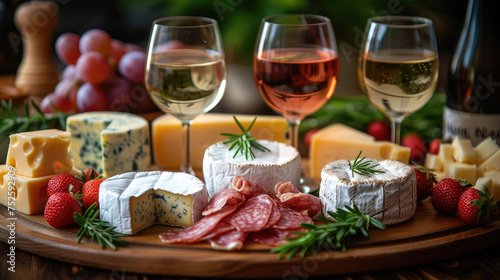 A gourmet cheese board with a variety of cheeses, cured meats, and glasses of white and rosé wine, inviting a taste of luxury.
