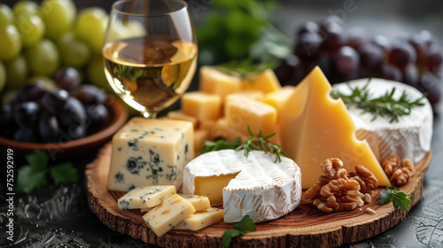 A sophisticated arrangement of various cheeses accompanied by fresh grapes and a glass of white wine on an elegant dark table.