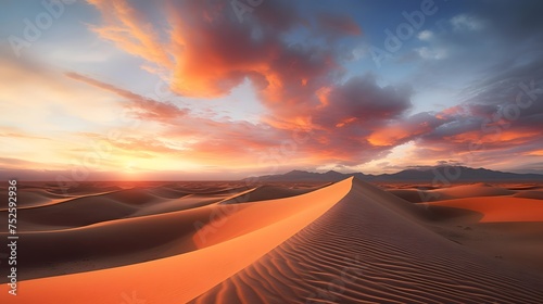 Panoramic view of sand dunes in the desert during sunset