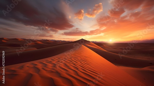 Panorama of sand dunes in Sahara desert at sunset  Morocco