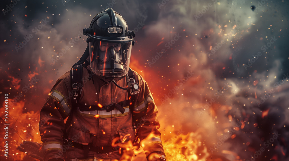 Fototapeta premium Firefighter surrounded by fire