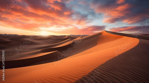 Panoramic view of sand dunes at sunset in the Sahara desert  Morocco