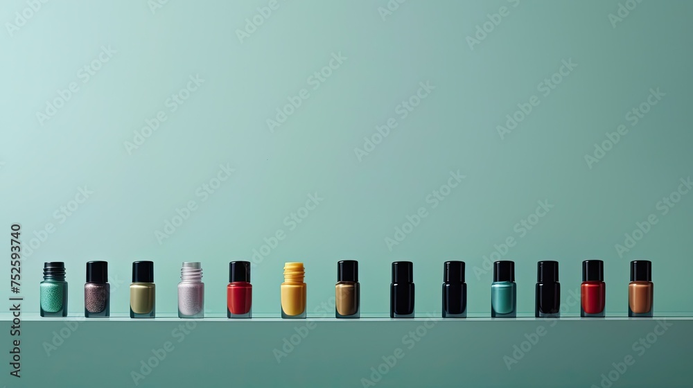 Row of open and closed nail polish bottles, product photo with copy space and light blue background Row of open and closed nail polish bottles, product photo with copy space and light blue background