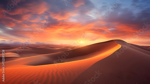 Panoramic view of the sand dunes in the desert at sunset