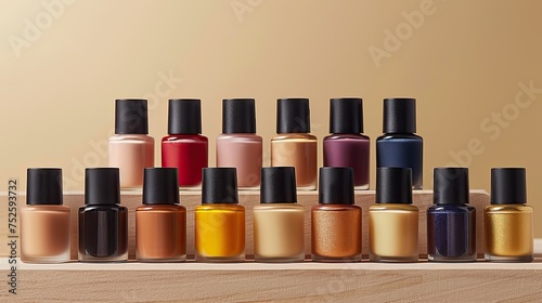 Collection of Nail Polishes on Wooden Shelf with Beige Background