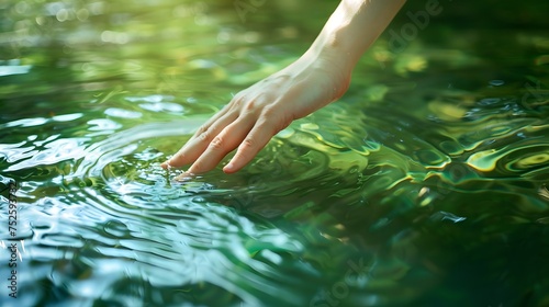 A hand touching the surface of pure green water of the river in nature on a sunny day, symbolic and ecological gesture for conservation of natural resources and preservation of the environment