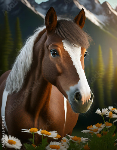 Horse with daisy flowers and mountains in the background  digital painting