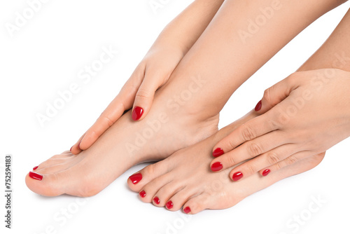 Woman showing stylish toenails after pedicure procedure and manicured hands with red nail polish isolated on white, closeup