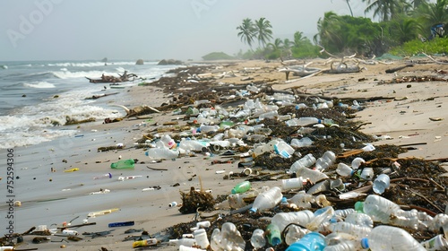 A polluted beach with plastic waste washed ashore.