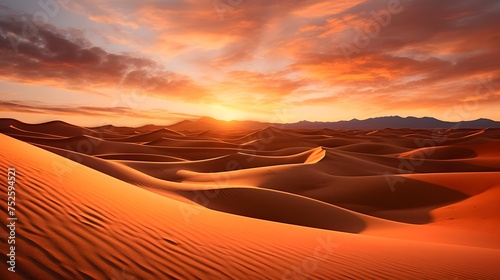 Sand dunes at sunset in the desert. Panoramic view